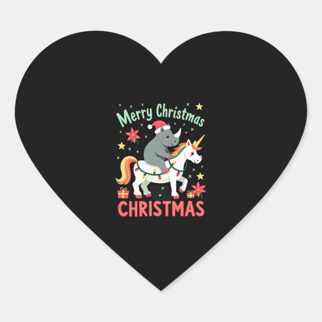 Christmas Rhino Merry Christmas Unicorn Rhino T-Sh Heart Sticker (Front)