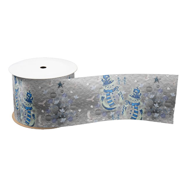 Christmas Ribbon, Merry Blue Silver Snowman Satin Ribbon (Spool)