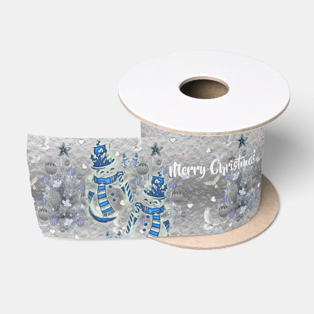 Christmas Ribbon, Merry Blue Silver Snowman Satin  Satin Ribbon (Spool)