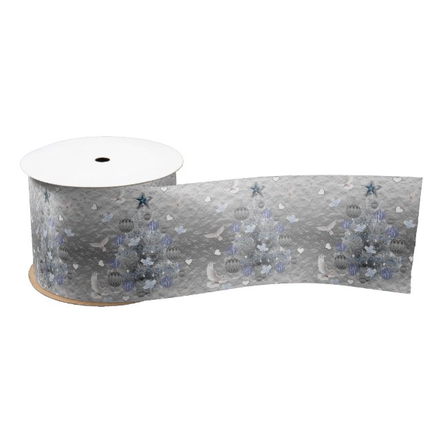 Christmas Ribbon, Merry Christmas Blue Silver Satin Ribbon (Spool)
