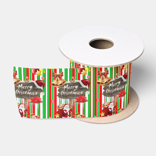 Christmas Ribbon, Merry Christmas Santa Satin Ribbon (Spool)