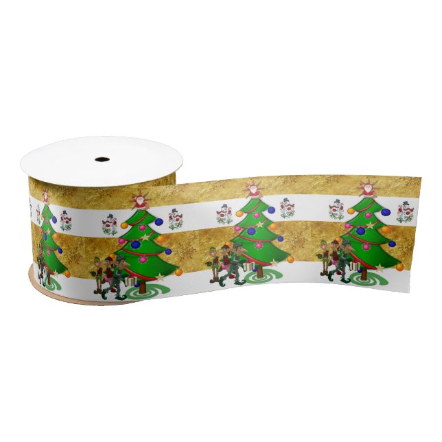 Christmas Ribbon, Merry Christmas Snowman Elf Satin Ribbon (Spool)