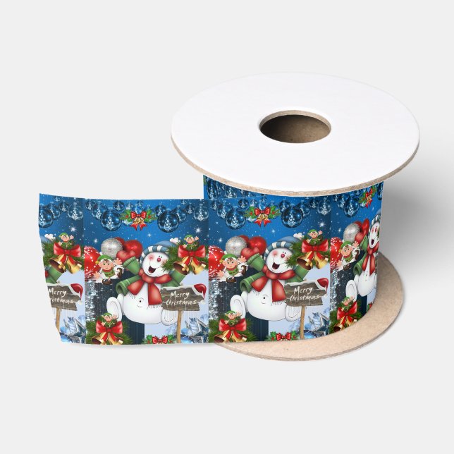 Christmas Ribbon, Merry Christmas Snowman Satin Ribbon (Spool)