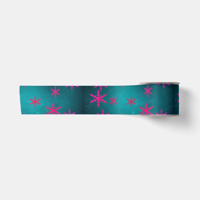 Christmas Ribbon-Teal/Hot Pink Snowflake Satin Ribbon (Front)