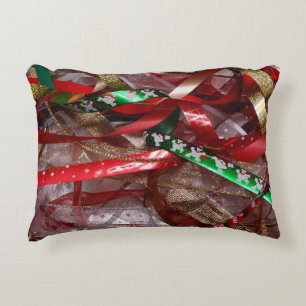 Christmas Ribbons Red Green and Gold Holiday Accent Pillow
