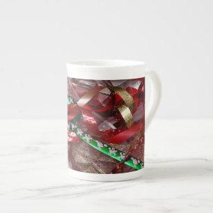 Christmas Ribbons Red Green and Gold Holiday Bone China Mug