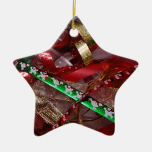Christmas Ribbons Red Green and Gold Holiday Ceramic Ornament