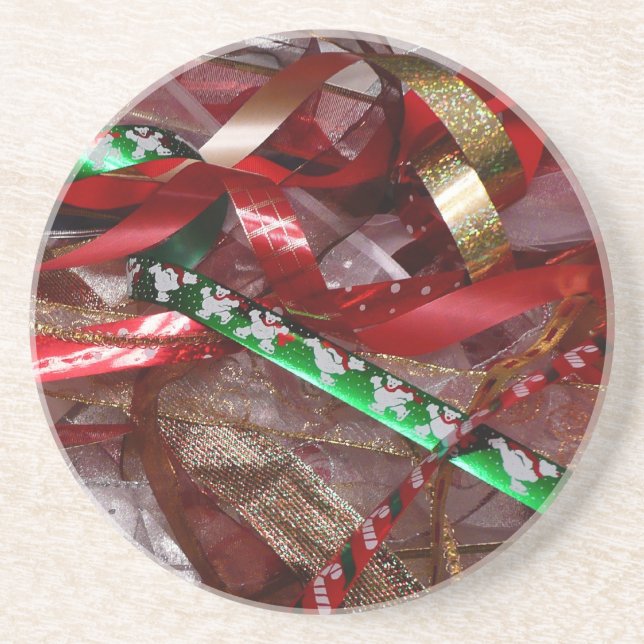 Christmas Ribbons Red Green and Gold Holiday Coaster (Front)