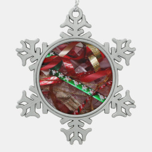 Christmas Ribbons Red Green and Gold Holiday Snowflake Pewter Christmas Ornament