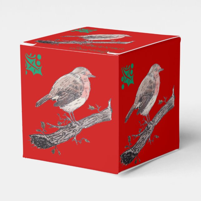 Christmas robin and ivy leaves illustration favor box (Front Side)
