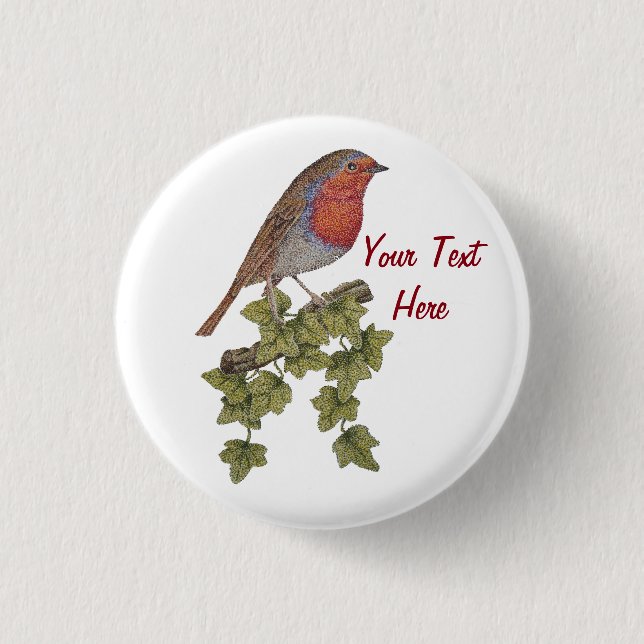 christmas robin and ivy leaves seasonal  1 inch round button (Front)
