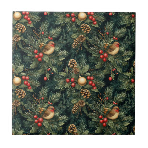 Christmas Robin and Red Berries on Evergreen Pine Tile