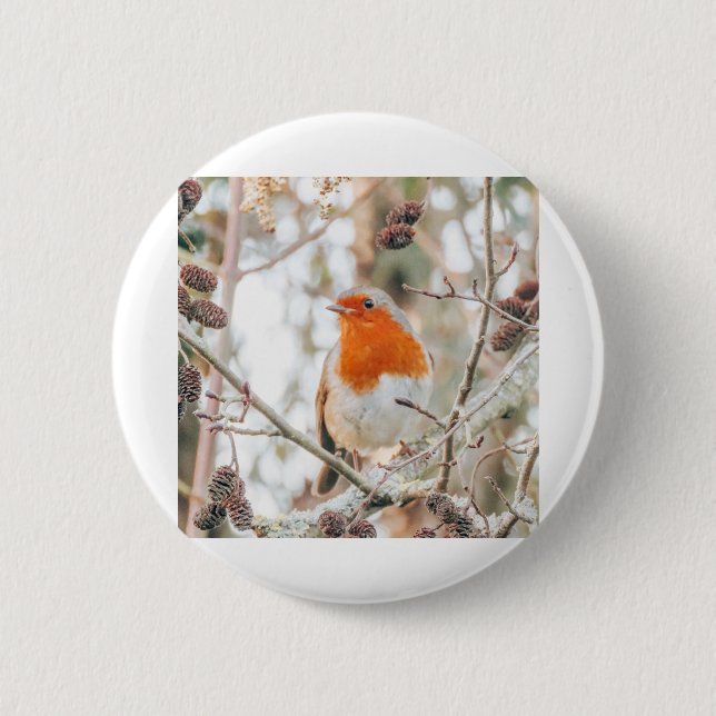 Christmas Robin in Trees 2 Inch Round Button (Front)