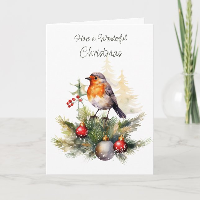 Christmas Robin Pine Baubles Card (Front)