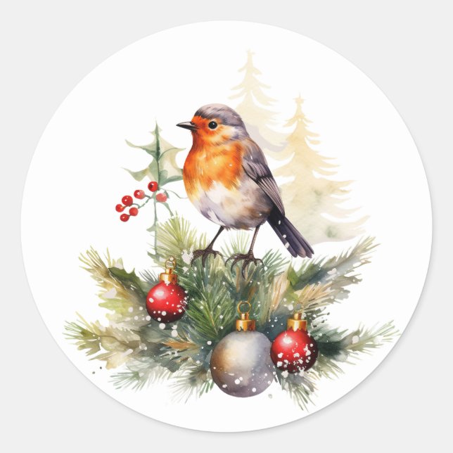 Christmas Robin Pine Baubles Classic Round Sticker (Front)