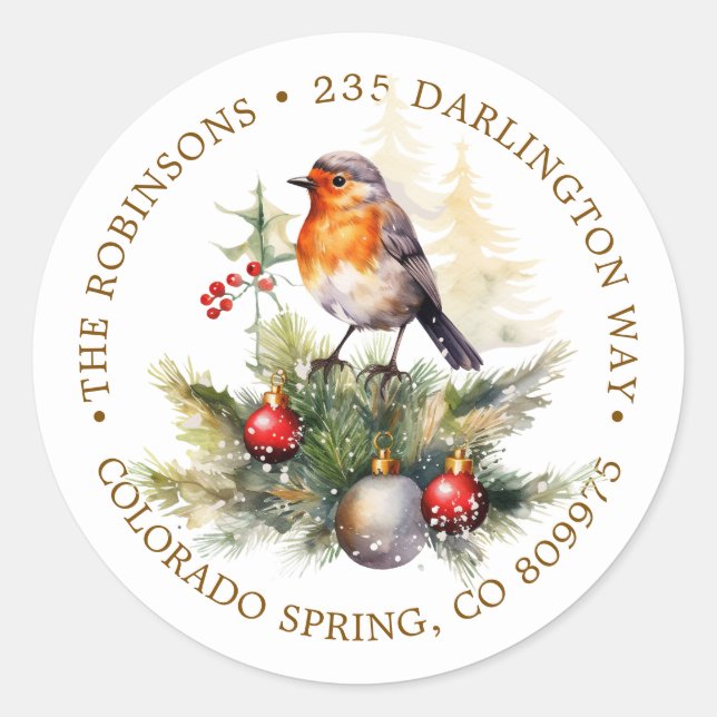 Christmas Robin Pine Baubles Return Address Label (Front)