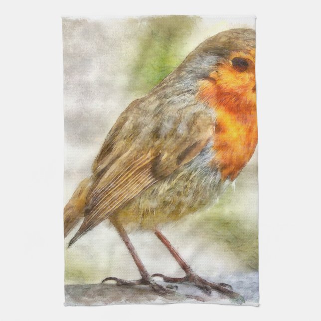 Christmas Robin Winter Watercolor Kitchen Towel (Vertical)