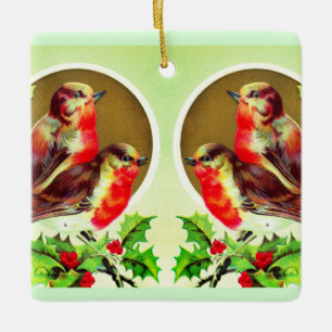 Christmas robins and holly ceramic ornament