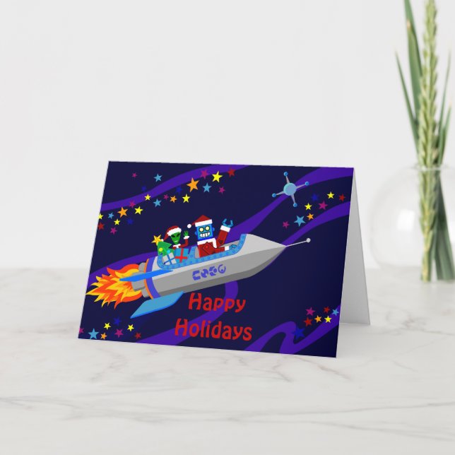 Christmas Robot with Rocket Holiday Card (Front)