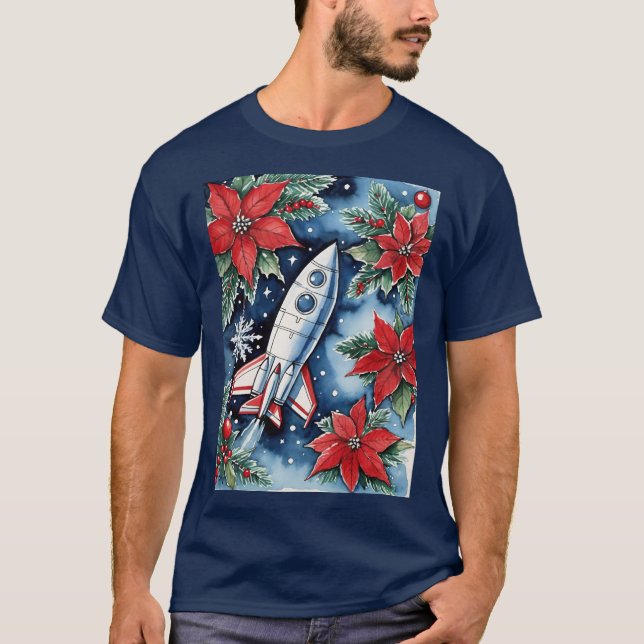 Christmas Rocket Launch With Poinsettias At Night T-Shirt (Front)