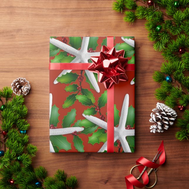 Christmas Roll Starfish n Holly on Red Wrapping Paper (Holiday Gift)