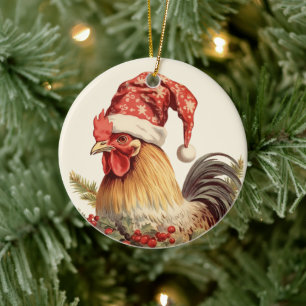 Christmas rooster add text watercolor Ceramic Ornament