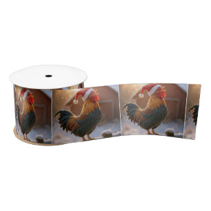 Christmas Rooster Crowing On a Snowy Fence Satin Ribbon