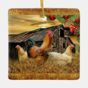 Christmas Rooster Hen Barn Coop Farm Ceramic Ornament