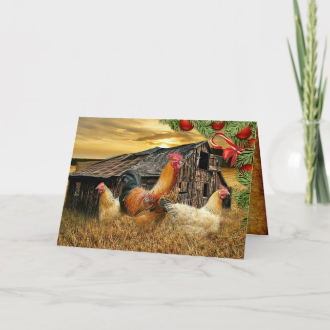 Christmas Rooster Hen Barn Coop Farm Holiday Card (Front)
