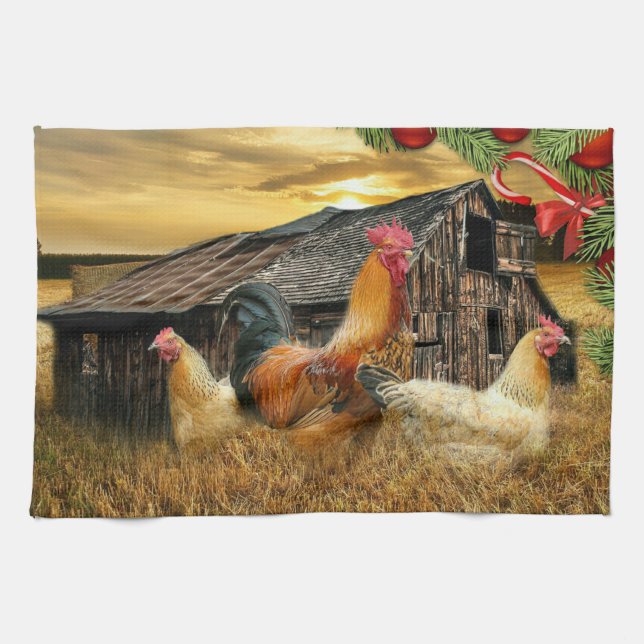 Christmas Rooster Hen Barn Coop Farm Kitchen Towel (Horizontal)