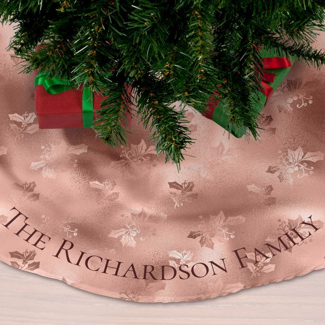Christmas Rose Gold Personalized Holly Pattern Brushed Polyester Tree Skirt (Creator Uploaded)