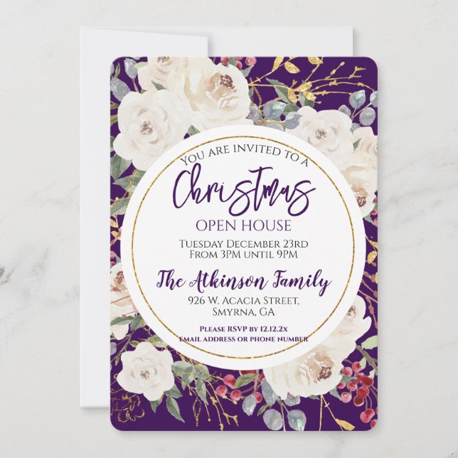 Christmas Rose Purple Floral Open House Party Invitation (Front)