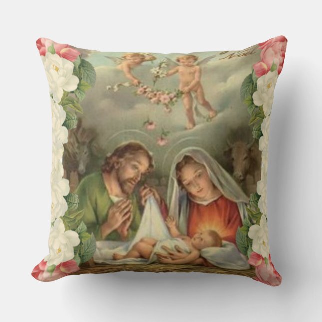 Christmas Roses Baby Jesus St. Joseph, Mary, Angel Throw Pillow (Front)