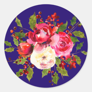 Christmas Roses Holly and Berries Classic Round Sticker