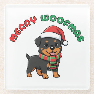 Christmas Rottweiler Coaster: Merry Woofmas Glass Coaster