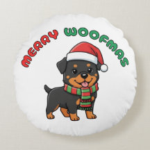 Christmas Rottweiler Round Pillow: Merry Woofmas