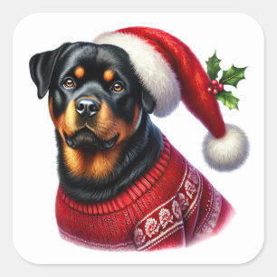 Christmas Rottweiler Wearing a Festive Sweater Square Sticker