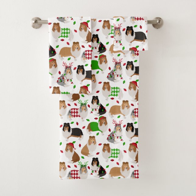 Christmas Rough Collie Bath Towel Set (Insitu)
