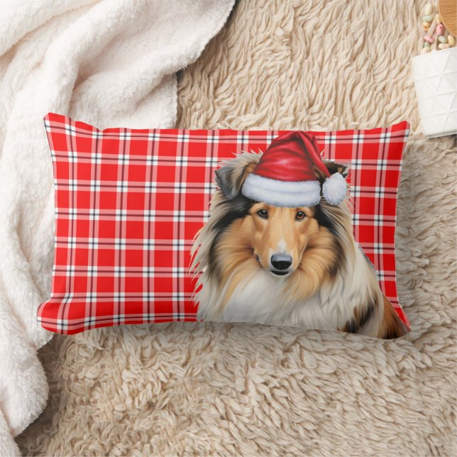 Christmas Rough Collie Dog Red Holiday Plaid Lumbar Pillow (Blanket)