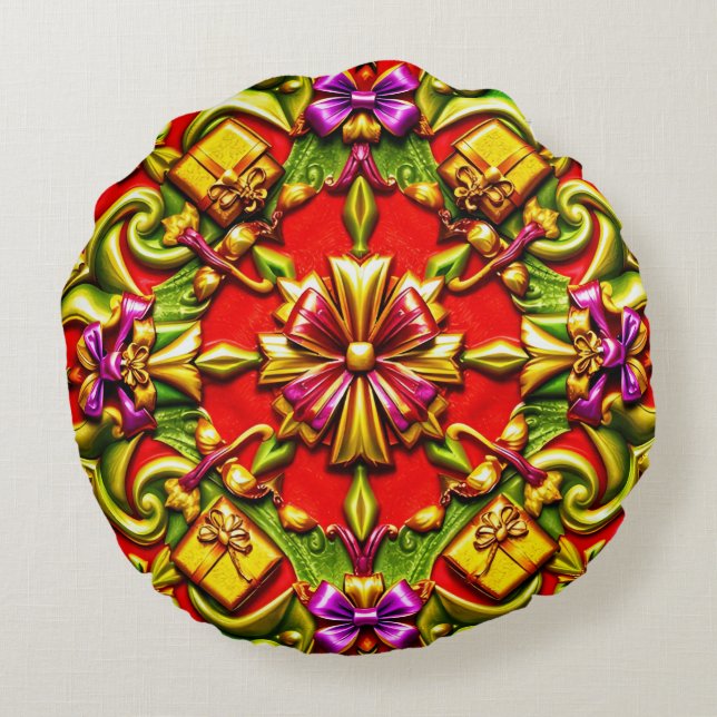 CHRISTMAS ~ Round cushion ~ red green gold (Back)