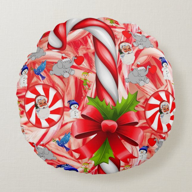 Christmas Round Pillow, Candy Cane Pillow (Front)