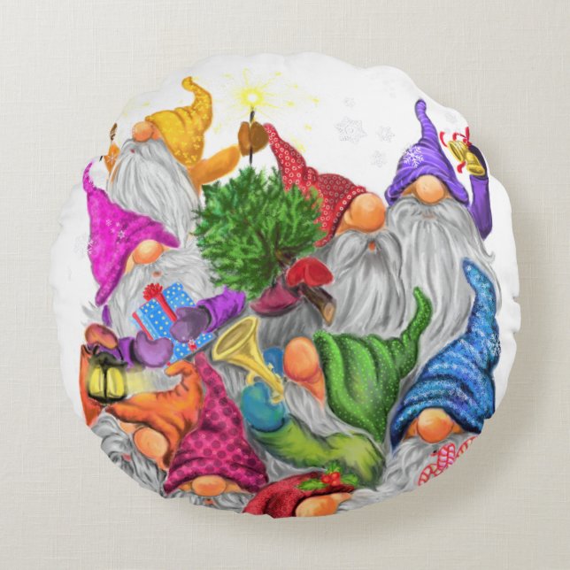 Christmas Round Pillow Gift Gnomes Party (Front)