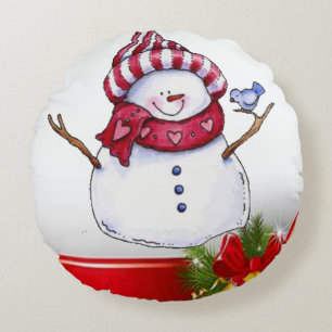 Christmas Round Pillow, Snowman Round Pillow