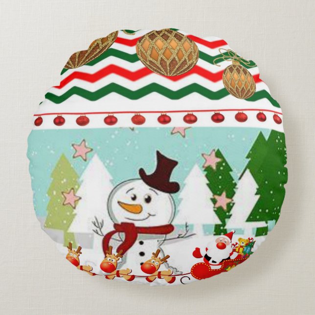 Christmas Round Pillow, Snowman Round Pillow (Front)