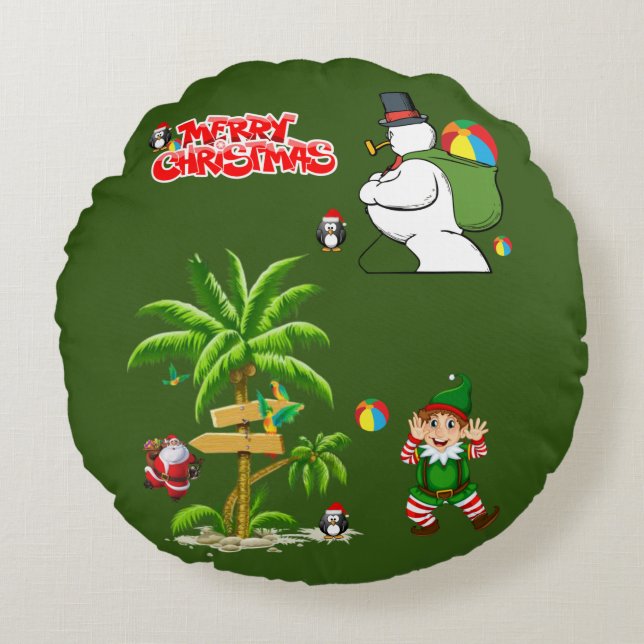 Christmas Round Pillow, Summer Beach Santa Round Pillow (Front)