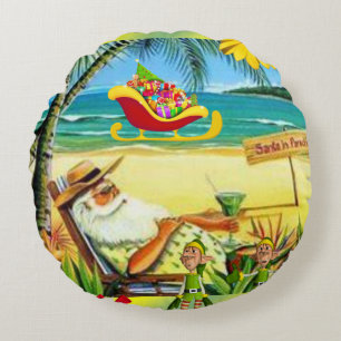 Christmas Round Pillow, Summer Beach Santa Round Pillow