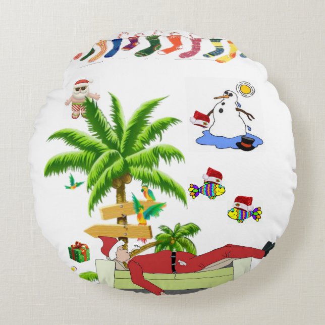 Christmas Round Pillow, Summer Beach Santa Round Pillow (Front)