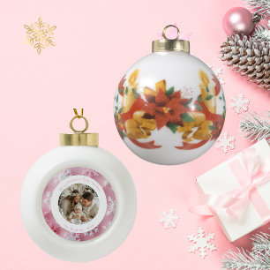Christmas Round Pink Snowflake Photo Ceramic Ball Christmas Ornament