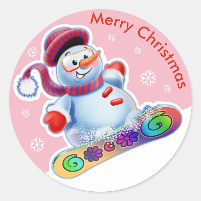 Christmas round sticker Snowmen Snow sports. (Front)