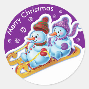 Christmas round sticker Snowmen Snow sports.